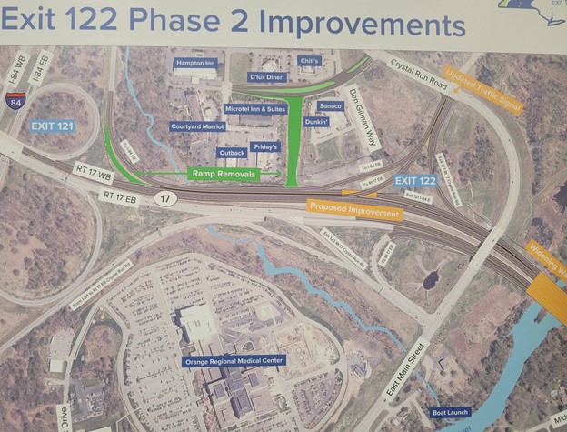 A map of the proposed improvements at Exit 122 (Crystal Run Road) on Route 17 in Orange County.