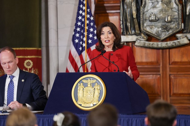 New York Gov. Kathy Hochul presented the Fiscal Year 2026 Executive Budget in the Red Room at the State Capital on January 21st.